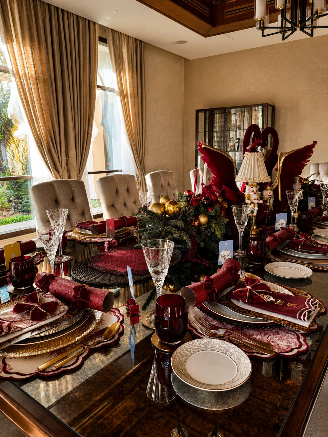 A villa dining table dressed for a festive dinner in red and gold with crystal, crackers and evergreen