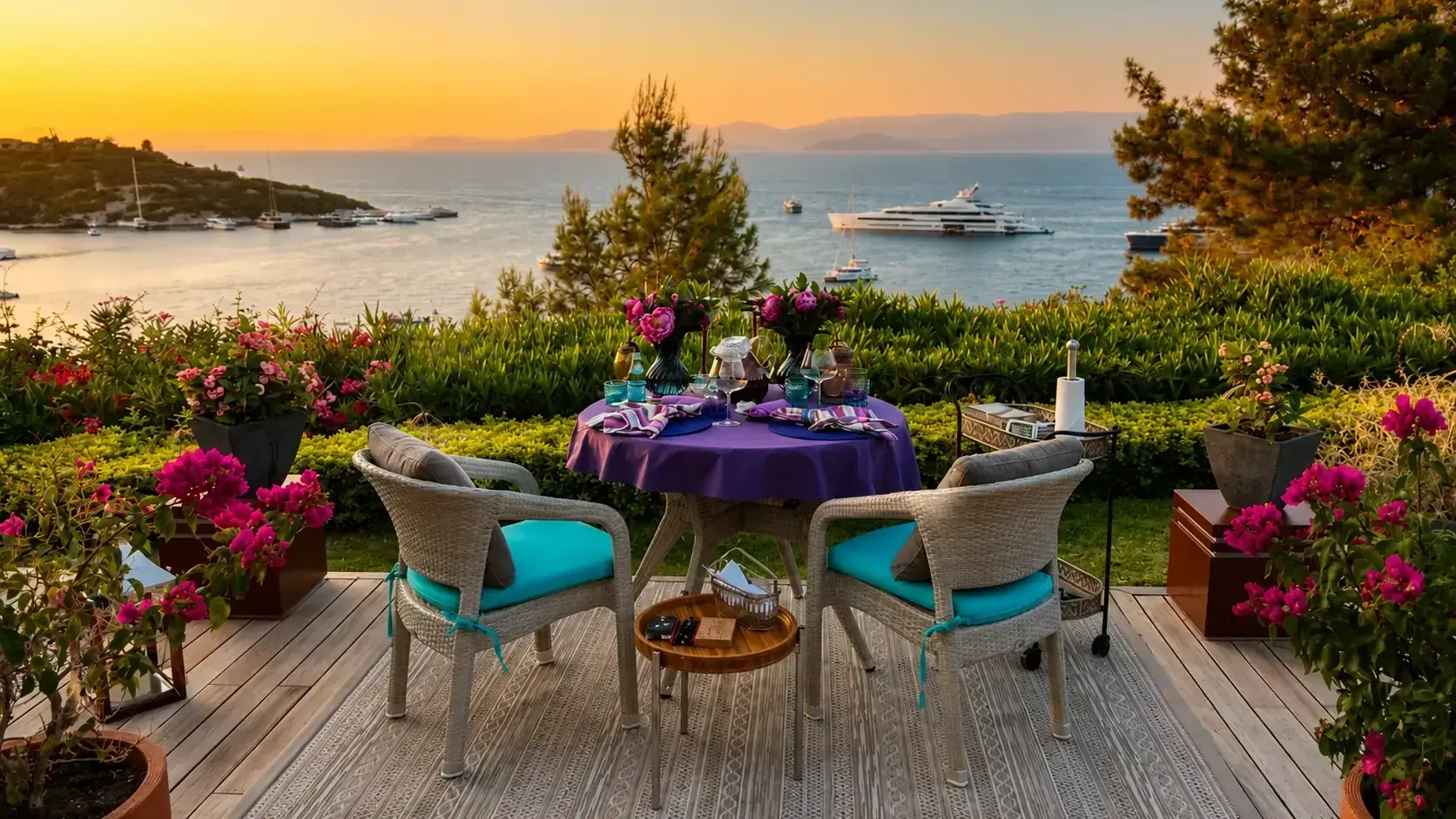 A table set for two on a terrace at sunset, overlooking a bay with yachts at anchor